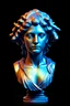 Placeholder: A stunning iridescent female marble bust of Medusa, rendered in Unreal Engine at 8k resolution. It features vibrant colors, is very reflective, has perfect lighting, a dark indigo background, and was created using ZBrush.