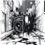 Placeholder: dirty back streets ghettoblaster abstract particles waves length sonic capacity black and white cube
