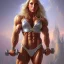 Placeholder: blonde female bodybuilder, castle fortress by thomas kinkade gerald brom whelan