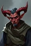 Placeholder: Please generate a male Tiefling for D&D. He wears a mage outfit. He has a pair of curved horns on her head. He has red skin. He looks scary with his enhanced demon side