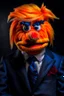 Placeholder: a Film Photograph of a realistic angry orange Donald Trump Muppet made of felt and fur wearing a dark blue suit and red tie and with combover