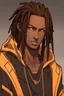 Placeholder: Anime male, age 23, long thick dreadlocks doing down past neck length, orange highlights in hair, dark brown natural hair color, white and gold hoodie with the hood down, brown eyes, lean slim muscular body, cybernetic features on face, glowing yellow cybernetic features in hair, relaxed smile