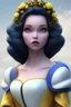 Placeholder: 4K Ultra-HD, Hyper realistic, cinematic lighting -- Snow White, short, bowl-cut black hair, blue eyes, Yellow skirt, blue blouse with short poofy sleeves, extremely pail skin, Rose pedals, wild animals, Castle, Full body image -- 4k, stunning, dramatic lighting, dramatic background, cinematic, atmospheric, very detailed, historic, powerful, octane rendering, exquisite detail, 30 - megapixel, 4k, 85 - mm - lens, sharp - focus, intricately - detailed, long exposure time, f8, ISO 100, shutter - s