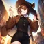 Placeholder: Clear focus, High resolution, short brown spiky hair, hair between eyes, eyes closed, wearing a brown detective hat, wearing a brown jacket and a black shirt, wearing black shorts, 1girl, pulling hat down, smiling