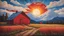 Placeholder: Woodcutting art of a red barn with a blue sky and the sun and clouds with mountain in the background