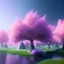 Placeholder: very beautiful crystal building , elegant, cascades, trees, atmospheric, realistic, cinematic lighting, pink blue light, 8k, galactic atmosphere, flowers