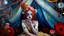 Placeholder: a painting of a woman with flowers on her head, a surrealist painting, cg society contest winner, inside a circus tent, mixed media painting, night outside, acrylic drawing, whimsy, puppet on a string, acryl on canvas, mixed medias, jester themed, large pastel, potrait, dream