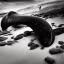 Placeholder: b&w photograph of beautiful sperm whale washed up on shore, face view, lifeless, debris, foamy wave, sand, rock, 8k resolution, high-quality, fine-detail, detailed matte, photography, illustration, digital art, Jeanloup Sieff, Marc Adamus, Ann Prochilo, Romain Veillon