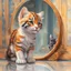 Placeholder: In a world full of fantasy, a little kitten stands in front of a mirror. In place of his own reflection, a majestic tiger appears. The little cat's eyes are wide in awe as she beholds the majesty of the tiger. The cat's left paw and the tiger's right paw appear to touch each other. Details like lush fur, bright orange stripes, and the tiger's intimidating gaze in the mirror create a sharp contrast to the kitten's delicate and innocent appearance Leica Q2 with Summilux 3 Photo