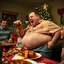 Placeholder: Holidays disaster meal, drunk Uncle Phil singing into drumstick while very drunk, belly hanging out over pants, photoreal, family holiday party nightmare, cringeworthy, christmas tree in background