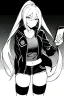 Placeholder: blonde girl with ponytails dressed in a jacket and shorts use cell phone's flashlight, greyscale