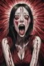 Placeholder: woman with rare eyes, face distorted with pain, screaming, tears streaming from eyes, siting pose, fullbody, Junji Ito style, darkred tones,