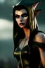Placeholder: Cursed elf priestess with beautiful face, running makeup, yellow eyes, full black sclera, dark mist around her, black fur robes, pale skin, dark smoke, photorealism, octane render, frostbite, 8k, cinematic, 35mm