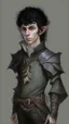 Placeholder: boy elf,he has curly, black hair and sharp cheekbones. His eyes are black. He wears fantasy medieval clothes. he is lean and tall, with pale skin, full body with boots, side view