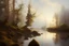 Placeholder: Peder Monk Monsted styl, lake beach, forest, mounth