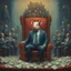 Placeholder: rich pig in suit on a throne making stacks of money by making a deal with a buisnessman. background of musicians. beksinski style