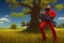 Placeholder: A tree,on a valley,blue deep sky, Colourful meadow,and a man in red with a gun like a heist,details,texture,8k quality, florest, Minimalism, Expressionism