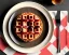 Placeholder: Round waffle with maple syrup plate, plaid napkin dinnerfork