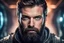 Placeholder: bearded man handsome off-center portrait intense eyes staring at the camera scifi background