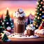 Placeholder: Arts work of beautiful design, Christmas chocolate drink with mashmallow, spruces, sunset, flat illustration, vibrant, vintage drawing, bokeh background, 8k , DSLR camera Sony Alpha 7 50mm 1.8,medium shot,high-resolution image with fine details