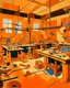 Placeholder: A light tannish orange colored workshop with power tools painted by Wassily Kandinsky