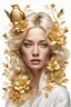 Placeholder: White background, portrait of a blonde woman, gold flowers, golden birds