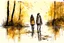 Placeholder: young brunette woman and boy friends walking next to a pond in an autumn forest watercolor and ink in ochre, golden glitters