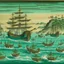 Placeholder: A bluish teal bay with pirate ships painted by Utagawa Hiroshige