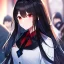 Placeholder: Clear focus,High resolution, black long fluffy hair, long fluffy bangs, red eyes, wearing a lab outfit, extreme close up, evil smile