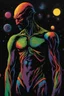 Placeholder: full color, Martian Manhunter, black wall, multicolored paint splatter, Outer Space, Stars, planets, cosmic clouds, multicolored lightning, galaxies, extremely colorful