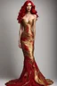 Placeholder: Stunning utopian mermaid gown with red and gold. Hyper realistic standing model