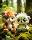 Placeholder: Two mushroom boys in the forest with big cute heads, small body. Fox tails and ears. Brown pants. Big sparkly monster eyes. Soft baby pastel colours. Fuzzy and hairy. Sparkles around. underwater colours. sparkles. Soft toys. Happy. bushes around and moss.