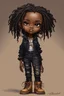 Placeholder: create a EXPRESSIVE OIL PAINTING image of a curvy size chibi dark skinned Black female wearing a black jean outfit with timberland boots. Prominent make up with brown eyes and lush lashes. Highly detailed dread locs