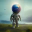 Placeholder: A man with a planet's head standing on the terrain