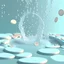 Placeholder: water full of coins, in 3d clay animation style, calm and pastel background, inside white perfect circle frame, water splashing