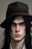 Placeholder: young character with pale skin and black long hair and red eyes with cleanshaven no stubble no beard and with hamburg hat