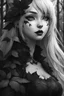 Placeholder: CAT GIRL, goth, forest, nature, cartoon, leaves, black and white hair, boobs, portrait