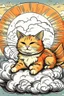 Placeholder: orange cat with stripes in heaven with wings and a halo sleeping on a cloud comic art style A4 format