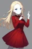 Placeholder: Blonde girl, white skin color, blue eyes, standing in the moonlight, handdrawn, red dress, raisedhand