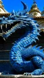 Placeholder: A dark blue angry dragon on top of a palace designed in Roman mosaics