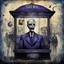 Placeholder: "THE TICKET MAN" style by Gabriel Pacheco and Dave McKean, Modern movie poster art, surreal cosmic horror tale about the Ticket Man who is a wooden animatronic dummy trapped in a glass carnival ticket booth, haunted dreamscape, midnight blue and dark violet dual color scheme, creepy, ink comic illustration, art from beyond, dramatic, poster art masterpiece.