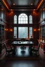 Placeholder: Picture of a study with mahogany panelled walls, a large landscape window with a view of the forest and a large mahogany desk in the centre of the room, photorealistic, dark fantasy, 4k