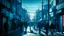 Placeholder: Bustling street scene in the center of Minamisōma, a city in Fukushima Prefecture, Japan, with people going about their daily activities, split gradient colors background, cold light tones, blue tones, flash light