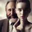 Placeholder: a young woman sitting next to a 50-year-old man with a beard and short hair, portrait, 8K, close-up face, anatomically perfect face, Highly detailed stunning full frame portrait, misty and cloudy atmosphere