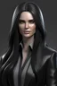 Placeholder: realistic American female president of the future with dark long hair and looking powerful