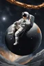 Placeholder: close side view of An astronaut sitting on a large steel ball.floating in the air, wide legs, holding on to the chain