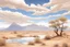 Placeholder: clouds, arid land, distant mountains, dry trees, pond