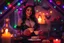 Placeholder: Glowing voluptuous Halloween vampire bimbo woman having a tea party in the haunted house attic. Colorful string lights and festive decorations create a spooky magical atmosphere