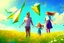 Placeholder: a father, a girl and a boy with a kite flying in the sky on the green field with flowers in sunshine