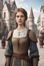 Placeholder: female citizen, 25 years old, medieval style clothing, realistic, city square background